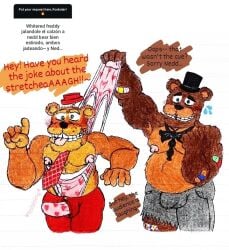 2boys 5_fingers accident accidental_circumstance accidental_exposure anthro anthro_male anthro_only armpit_hair bandaid bara bear big_nipples black_bow_tie black_bowtie black_hat black_pants black_top_hat black_tophat blush boner boner_in_pants boner_under_clothes bow_tie bowtie brown_body brown_fur bulge bulge_through_clothing bulge_under_clothes chubby chubby_anthro chubby_male clothed clothes clothing clothing_pull cock cock_under_clothes colored_pencil_(artwork) dialogue duo duo_anthro duo_furry duo_male english english_dialogue erection erection_under_clothes erection_under_clothing fat fat_male fetish five_nights_at_freddy's five_nights_at_freddy's_2 fly_open flying_sweatdrops fnaf freddy_fazbear's_pizzeria_simulator furry furry_male furry_only green_eyes green_eyes_male hat heart_underwear large_nipples male male_anthro male_duo male_furry male_nipples male_only mixed_media monkeycat9 necktie nedd_bear nipples no-human no_human no_humans non-human non-human_only only_furry only_male open_fly orange_body orange_fur overweight overweight_anthro overweight_male pants pecs penis penis_under_clothes pink_nipples pink_tongue plain_background pulling_underwear raised_finger red_hat red_necktie red_pants red_tie red_top_hat request requested ripped_clothing ripped_pants shirtless shirtless_(male) shirtless_male simple_background smile smiling spanish_text text tie tongue tongue_out tooth_gap top_hat tophat traditional_media_(artwork) underwear underwear_pull ursid ursine wedgie wedgie_fetish wedgied_male what whisker_dots white_background withered_freddy