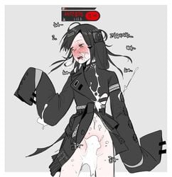 after_sex bangs black_dress black_hair blush brown_eyes clitoris cowboy_shot cum cum_in_pussy cum_on_body cum_on_clothes cum_on_lower_body cum_on_upper_body cum_pool cumdrip dress empty_eyes eyebrows_visible_through_hair facial female girls'_frontline grey_background hair_ornament headgear heavy_breathing highres huqu long_hair long_sleeves lying nyto_mercurows_(girls'_frontline) on_back open_mouth paradeus pussy simple_background sleeves_past_fingers sleeves_past_wrists spread_legs sweat