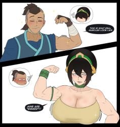 1boy 1girls avatar_legends avatar_the_last_airbender bare_shoulders big_breasts black_hair blind blind_eye boobs breasts brown_body brown_hair brown_skin clavicle clothing escriba eyelashes grey_eyes huge_boobs huge_breasts muscular muscular_female simple_background sokka text the_legend_of_aang toph_bei_fong white_skin