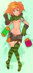 battlerite blue_eyes clothed dakimakura female flat_chest gloves greenmarine looking_at_viewer lucie_(battlerite) lying navel on_back orange_hair ponytail shorts smile solo striped_legwear thighhighs wide_hips