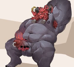 1boy arm_up armpit_hair armpits bara beard belly biceps claws commentary completely_nude dadee_(da_ddy22) english_commentary erection facial_hair foreskin furry furry_male hand_on_own_penis highres horns league_of_legends looking_at_viewer male_focus navel nipples nude ornn pectorals penis penis_piercing piercing plump red_fur sweat testicles veins veiny_penis very_sweaty