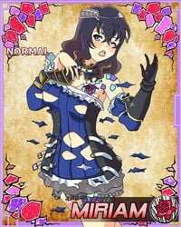 1girls areolae armor bloodstained:_ritual_of_the_night blue_eyes breasts card card_(medium) cleavage clothing_damage curvy female female_only horns jewelry large_breasts lost_clothes miriam_(bloodstained) one_eye_closed rose senran_kagura skirt stained_glass tattoo text tiara torn_clothes tsuchihara_ wince