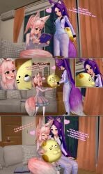 2girls 3d 3d_(artwork) 4k adult_female animal_ears anime_style big_tail blush book cat_mouth closed_eyes clothed_female clothing comic cute cute_face cute_female dress family female female_only flower_in_hair fluffy fluffy_tail flyingcookie fox_ears fox_girl fox_tail gift happy happy_female heart jeans kemonomimi koikatsu living_room long_hair medium_breasts no_nude older_female open_mouth oppai original original_character pantyhose pink_ears pink_eyes pink_hair pink_tail plushie ponytail purple_ears purple_eyes purple_hair purple_tail rose_(flower) self_upload sfw shirt side_braid small_breasts smile sofa text toy watermark wholesome young