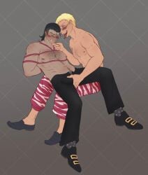 2boys bondage donquixote_doflamingo half-dressed male male_only pants_open shirtless sir_crocodile teasing