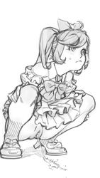 artist_request clitoral_hood dress female frilled_dress frills frown hair_ribbon hands_on_own_knees medium_hair monochrome no_panties peeing puddle pussy ribbon shoe_ribbon shoes solo squatting sweatdrop uncensored