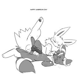 2boys 3_toes animal_genitalia animal_penis black_penis canine canine_penis eeveelution eye_contact feet feral foot_fetish foot_lick frottage furry gay half-closed_eyes heavy_breathing interspecies jolteon knot licking long_ears male male_only miau monochrome nintendo original_character paws penis pokémon_(species) pokemon pokemon_(species) pokemon_gsc pokemon_rgby simple_background text thick_thighs toes tongue tongue_out umbreon video_games wide_hips yaoi