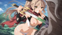 1girls areolae blonde_hair breasts female monster nipples partially_clothed raelin_(sakura_fantasy) ripped_clothing sakura_fantasy sword wanaca white_panties winged_cloud yellow_eyes