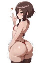 1girls ass augusketchs back big_ass bikini black_legwear blush breasts brown_hair covered_nipples fellatio_gesture female female_only half-closed_eyes heart huge_ass kono_subarashii_sekai_ni_shukufuku_wo! light-skinned_female looking_at_viewer megumin micro_bikini open_mouth red_bikini red_eyes shiny shiny_skin short_hair small_breasts solo string_bikini swimsuit thick_thighs thighhighs thighs thong thong_bikini tongue tongue_out
