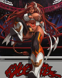 1girls abs big_breasts boots breast_milk breasts corruption_of_champions dark-skinned_female dungeon_and_fighter dungeon_fighter_online ear_piercing earrings erect_nipples excellia_(corruption_of_champions) female fighter_(dungeon_and_fighter) fingering grin horns huge_breasts lipstick masturbation milk milking minotaur minotaur_female muscular_female naughty_face nipple_piercing orange_eyes piercings pussy_juice red_hair seductive seductive_smile smile solo striker_(dungeon_and_fighter) tagme tail thick_thighs wrestling wrestling_outfit wrestling_ring xxoom yellow_lipstick