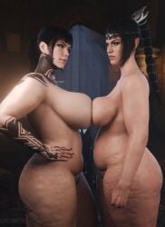 2girls 3d activision angry annoyed_expression arm_tattoo artist_name ass baldur's_gate_3 big_ass big_breasts big_thighs black_hair breast_envy breast_size_difference breasts call_of_duty call_of_duty_black_ops_7 cellulite chubby chubby_female clenched_hand completely_nude crossover dungeons_and_dragons elf elf_ears emma_kagan envious envy eyeshadow fat female female_only fist forgotten_realms fupa green_eyes half-elf hand_on_hip huge_breasts large_breasts light-skinned_female light_skin looking_at_another multiple_girls pointy_ears ponytail shadowheart tattoo tattoo_on_arm thick_thighs vexonair watermark wizards_of_the_coast