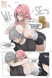 1boy 2girls alcohol alternate_breast_size beer big_breasts black_hair blush breast_press breasts breasts_on_head dialogue drunk english_text glasses hoshimi_miyabi inverted_nipples large_breasts pink_eyes pink_hair red_eyes shorts sleeping tank_top text tsukishiro_yanagi unrulyfriedrice wise_(zenless_zone_zero) zenless_zone_zero zzz