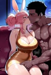 1boy abs ai_generated animal_ear_fluff animal_ears bare_shoulders black_hair blacked blush borrowed_character breasts bunny_(bunnyart) bunnyart02 cleavage closed_eyes clothed_female_nude_male clothing couch dark-skinned_male dark_skin dress erection female fingering french_kiss implied_fingering indoors interracial kissing large_breasts large_penis looking_at_another male manly muscle muscular muscular_male night pectorals penis pink_hair purple_eyes queen_of_spades rabbit_ears rabbit_girl raceplay short_dress short_hair short_twintails sitting sleeveless_dress snowbunny straight sweat testicles thick_thighs thighs tight_dress twintails veins veiny_penis yellow_dress