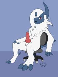 1boy 2019 :< absol animal_genitalia animal_penis anthro anthrofied blue_background blush canine_penis chair claws ellistia erection feet fur furry hair hair_over_eye half-closed_eyes hi_res horn knot male male_only mammal mane nintendo no_nipples nude office_chair paws penis pink_penis pokémon_(species) pokemon pokemon_(species) pokemon_rse purple_background red_eyes sheath simple_background sitting solo tail testicles text toe_claws video_games watermark white_fur