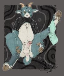 2026 anthro balls biting_shirt bottomless bottomless_male bovid caprine clothed clothing ear_piercing erection ezilyn genitals glans goat hands_on_legs hands_on_thighs hi_res hoof_hands hooves horn looking_at_viewer male mammal one_eye_closed penis piercing pulling_own_shirt pulling_shirt_up raised_leg short_tail solo tail thesphur_(thesphur) underwear_around_ankle wink