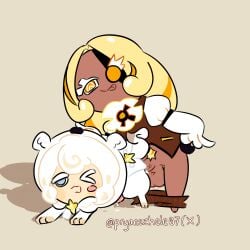 blue_eyes cookie_run_kingdom cookie_run_ovenbreak cream_ferret_cookie cum cum_drip cum_on_floor penis_in_ass penis_out penis_size_difference smug_face timekeeper_cookie tounge_out white_fur winking yellow_eyes yellow_hair