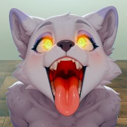 ai_generated anthro arctic_fox black_nose breedorbred canine canine_teeth chest_tuft collarbone comfyui eyebrows eyeshadow fangs female fox freckles fur furry glowing_eyes hi_res julie_(breedorbred) long_tongue looking_up maw mawshot mouth_shot nude open_mouth saliva simple_background teeth tongue_out uvula viewed_from_above white_body wide_eyed yellow_eyes