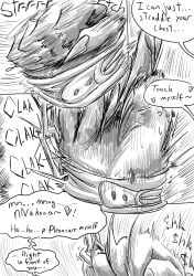 absurd_res anthro beastars bodily_fluids bound canid canine canis chained chains comic cuff_(restraint) dialogue dragonweirdo duo explicit_text female haru_(beastars) hi_res legoshi_(beastars) male mammal monochrome offscreen_character offscreen_dominant offscreen_female offscreen_sex restraints struggling sweat wolf