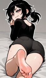1girls ai_generated ashley_graves ass ass_focus ass_up back back_view bed big_ass black_choker black_hair blush choker feet female female_focus female_only foot_fetish imminent_anal imminent_fellatio imminent_oral imminent_orgasm imminent_penetration imminent_rape imminent_sex imminent_vaginal looking_at_viewer necklace no_source purple_eyes room sitting sitting_on_bed smile smiling smiling_at_viewer sweat sweating the_coffin_of_andy_and_leyley