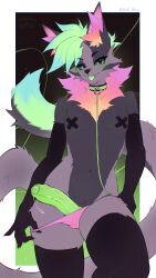 absurd_res anthro ass big_ears black_clothing black_gloves black_handwear black_legwear black_thigh_highs canid canine canis choker clothing collar confident dark_body dark_fur digital_media_(artwork) erection femboy fluffy fluffy_tail foreskin fox front_view fur genitals gloves glowing gradient_background green_eyes green_hair grey_body grey_fur hair handwear hi_res humanoid_genitalia humanoid_penis jewelry just_teru leash legwear looking_at_viewer male mammal mostly_nude necklace neon_colors nipple_tapes nipples nude penis pink_body pink_fur seductive shaded simple_background slim smile smirk soft_shading solo stylized tail thigh_highs tongue tongue_out underwear wolf zipper