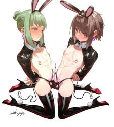 2boys absurdres animal_ears arms_behind_back black_boots black_chastity_cage black_shrug blunt_bangs blush bondage boots bound bound_arms bow bowtie brown_eyes brown_hair chains chastity_cage chastity_cage_emission chastity_cage_strap closed_mouth colored_shoe_soles commentary_request ecchi_gauge embarrassed face-to-face from_above from_side full_body furrowed_brow gay gay_male gold_chain gold_piercing green_eyes green_hair hair_bun hair_ornament hairclip high_heel_boots high_heels highres invisible_floor kneeling latex_shrug latex_thigh_boots linked_piercing long_sleeves looking_at_another male male_focus male_playboy_bunny money multiple_boys navel nipple_chain nipple_piercing nipple_rings nipples original piercing precum precum_puddle pubic_tattoo rabbit_ears restrained reverse_bunnysuit reverse_outfit ring_piercing short_hair shrug_(clothing) sidelocks signature simple_background small_testicles swept_bangs symmetrical_pose tattoo testicles thigh_boots trap tube_chastity_cage variant_set venus_symbol venus_symbol_earrings white_background white_bow white_bowtie wing_collar x_hair_ornament yaoi