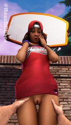 1boy 1girls 3d basketball black_hair brown_eyes brown_hair brown_skin brunette cheerleader close-up curly_hair eyelashes eyeliner female fortnite hat necklace pov pussy reachchaos red_hat slim source_filmmaker surprised tagme thick_thighs triple_threat viewed_from_below