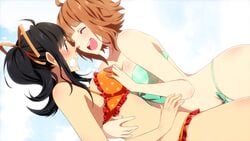 2girls ayumi_(sakura_beach) bikini black_hair breast_grab breasts brown_hair closed_eyes female female_only inma multiple_girls nene_(sakura_beach_2) sakura_beach_2 winged_cloud yuri