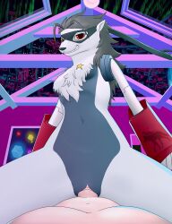 absurd_res anthro anthro_on_top bandai_namco bodily_fluids cowgirl_position cube_(object) digimon digimon_(species) digimon_beatbreak digital_world duo felixguara female first_person_view from_front_position fur genital_fluids grey_body grey_fur hi_res human male male/female male_pov mammal mask missing_texture mustelid musteline neck_tuft neon neon_lights on_bottom on_top penetration red_eyes robot_arm sex smile smiling_at_viewer star story story_in_description suni'ave_(artist) teeth true_musteline tuft vaginal_fluids vaginal_penetration watermark weasel white_body white_fur wolvermon