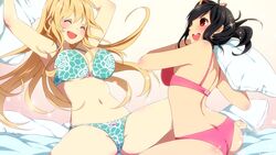 2girls ass ayumi_(sakura_beach) black_hair blonde_hair breasts closed_eyes female female_only inma momoko_(sakura_beach) multiple_girls on_bed panties pillow_fight red_eyes sakura_beach_2 spread_legs underwear winged_cloud yuri