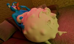 3d_(artwork) absurd_res android animatronic anthro belly big_belly big_breasts blue_body breasts bunnnyboi chica_(fnaf) digestion digestion_implied digestion_sequence digital_media_(artwork) feet female five_nights_at_freddy's five_nights_at_freddy's_2 furniture hi_res huge_belly imprint lagomorph leporid living_room machine mammal mangle_(fnaf) multicolored_body multiple_prey nipples nude on_sofa oral_vore playful rabbit robot scottgames seductive sitting sitting_on_sofa sofa solo toy_bonnie_(fnaf) vore white_body