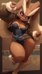 1girls animal_ears animal_tail anthro anthro_only azuretto belt belt_buckle black_leotard black_sclera breasts brown_jacket bunny bunny_ears bunny_girl cleavage cosplay female female_only furry game_freak hips jacket lagomorph leotard lopunny marvel marvel_comics medium_breasts open_jacket pink_eyes pokemon pokemon_(species) pokemon_dppt rogue_(x-men)_(cosplay) smile solo solo_female thighs wide_hips