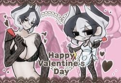 apron big_breasts black_and_white_hair black_bra black_eyes body_markings bra chibi cleavage female female_only looking_at_viewer made_in_abyss naked_apron ozen ozen_kanojo pale-skinned_female pale_skin short_hair smile solo spatula two-tone_hair valentine's_day