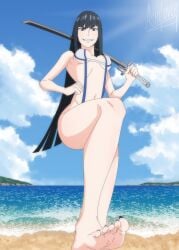 ashilover44 beach beach_background bikini black_hair blade blue_eyes blue_toenails breasts completely_naked completely_naked_female completely_nude completely_nude_female dominant feet foot_fetish foot_focus glossy glossy_body glossy_skin holding_object holding_sword kill_la_kill kiryuuin_satsuki long_hair me medium_breasts presenting presenting_feet smile smiling smiling_at_viewer sole soles soles_female soles_fetish stepping stepping_on_viewer swimsuit sword tagme thighs toenail_polish toes white_toenails