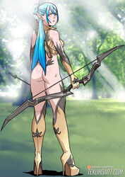 1girls archer armor armored_dress arrows ass bare_ass blue_hair bottomless bow bow_(weapon) braided_hair braids elf elf_ears elf_female fantasy high_heels kneehighs long_hair looking_back nature outdoor_nudity outdoors pointy_ears ponytail red_eyes solo sunlight tekuho tree