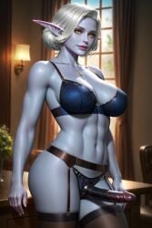 1girls abs ai_generated bra breasts dominant dominant_female dominatrix elf elf_ears elf_female elf_girl eyes female femdom front_view garter_straps hands_free legs lips milf mommy nose nude pegging presenting_strap-on solo solo_female standing stockings stomach strap-on strapon thighs