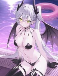 1girls absurdres arm_support armpit_crease artist_name bare_arms bare_shoulders bare_thighs black_choker black_hands black_horns black_panties blush body_markings boots breasts chest_tattoo choker closed_mouth collarbone colored_extremities crossed_bangs demon_girl demon_horns demon_wings ear_piercing fate/grand_order fate_(series) female female_only grate green_eyes groin hair_between_eyes highres horns innertube light_blush light_reflection lilith_(fate) lilith_(second_ascension)_(fate) long_hair looking_at_viewer medium_breasts nagine navel neck_tattoo night panties pasties piercing pointy_ears pool poolside pubic_tattoo reflective_liquid shoulder_tattoo shoulders sitting skindentation slit_pupils solo stomach stomach_tattoo succubus swim_ring tattoo thick_thighs thigh_boots thighs torn_wings twintails underwear very_long_hair water white_hair wings