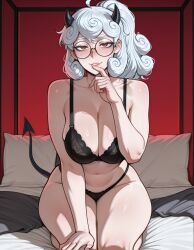 ai_assisted ai_generated ass bra breasts finger_on_lip helltaker kneeling pandemonica_(helltaker) panties seductive sitting