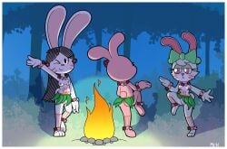absurd_res anais_watterson anthro ass border breasts bunny_(ajmarekart) cartoon_network dancing elinor_rabbit elinor_wonders_why female flower_accessory genitals grass_skirt group hi_res lagomorph leporid mammal markings mr_harinezumi nipples nude pbs rabbit the_amazing_world_of_gumball tribal tribal_markings trio vulva white_border