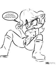 alhedgehog angry anthro black_and_white boots breasts clenched_teeth cum cum_in_hair cum_on_body cum_on_breasts female furry line_art sally_acorn sega sonic_(series) spread_legs tagme white_background