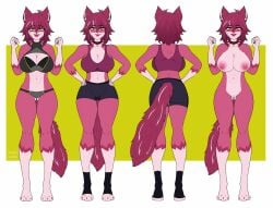 anthro canid canine clothed clothing female front_view fur genitals gloves_(marking) hair hi_res humanoid_genitalia humanoid_pussy leg_markings looking_at_viewer mammal markings model_sheet norakaru nude open_mouth open_smile pink_body pink_fur purple_hair pussy smile socks_(marking) solo standing white_body white_fur yellow_eyes