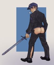 ass ass ass_focus baseball_cap butt_crack butt_focus domdumb12 iori_junpei junpei_iori looking_at_viewer male male_ass male_ass_focus male_only p3 persona_3 ripped_clothing ripped_clothing ripped_pants solo_male sword unaware_exhibitionist uniform