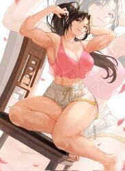 2d alternate_costume art_karra83104 big_breasts booty_shorts breasts brown_hair brunette_hair casual chair cleavage closed_eyes clothed clothes clothing curvy curvy_female curvy_hips fatal_fury female female_focus female_only hair_tie hips human human_only king_of_fighters light-skinned_female light_skin long_hair mai_shiranui muscular muscular_female ponytail short_shorts shorts singlet sit sitting sitting_on_chair snk solo solo_female thick_hips thick_thighs thighs wide_hips