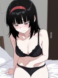 1girls ai_generated anime anime_style bed bedroom black_hair blush bra breasts cleavage female female_only fingering fingering_self hairband light-skinned_female light_skin masturbation medium_hair original original_character panties petite petite_body shy underwear young