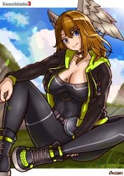 1girls angel_wings big_breasts blue_eyes brown_hair busty cleavage eunie_(xenoblade) female female_only large_breasts legs nintendo oniisan02b short_hair smile solo thighs voluptuous xenoblade_(series) xenoblade_chronicles_3