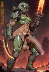 abs ai_generated armor big_ass big_balls big_penis braid braided_hair dominant doom doom_eternal doom_slayer_(doom) doomgal futadom futanari hairy hairy_balls hairy_pubes huge_cock muscular muscular_arms muscular_futanari precum pubic_hair rekya_ontara saggy_balls small_breasts solo solo_futa strong_futanari sword tanned_futa tanned_skin