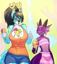 2019 absurd_res anthro antlers balls balls_outline bandage big_balls big_breasts blue_fur blush breasts bulge cervid cervine chest_wraps claws cleavage clothed clothing dessert dragon eyewear felid feline female flat_chested food forest frill fur girly glasses hair hairband hi_res horn huge_balls hybrid ice_cream kobold lizard mammal navel plūm_rhazin ponytail reptile rylie_(hypernovagm) scalie shirt shorts tank_top teeth thick_thighs tree varollis wide_hips wraps