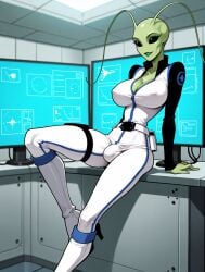 1futa 1girls against_table ai_generated alien alien_girl alien_humanoid antennae_(anatomy) arm_support bald belt black_eyes black_sleeves blue_trim bodysuit bulge cleavage clothed covered_nipples earless eyelashes futanari green_lips green_skin gynomorph high_collar high_heel_boots high_heels holster holstered_weapon indoors intersex jimojo knee_boots large_breasts leaning leaning_back leg_up light_smile long_sleeves multicolored_clothing narrow_waist no_ears no_nose no_pupils no_sclera noseless parted_lips science_fiction solid_eyes solo stable_diffusion standing thigh_holster utility_belt white_bodysuit