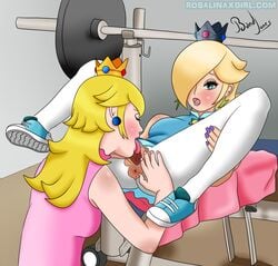 2girls asymmetrical_hair bandijones blonde_hair blue_eyes crown cunnilingus dress earrings hair_over_one_eye licking long_hair mario_(series) mario_tennis multiple_girls nintendo off-shoulder_dress off_shoulder open_mouth princess princess_peach princess_rosalina shoes sleeveless sportswear spread_legs spread_vagina spreading star_earrings tennis_outfit torn torn_clothes torn_legwear torn_pantyhose yuri