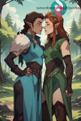 2girls ai_generated forest hand_on_hip keyleth looking_at_another stable_diffusion tagme the_legend_of_vox_machina vex'ahlia vox_machina