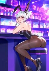 1female 1girls ai_generated anemoi ass bar battle_bunny_riven bunny_costume bunny_ears bunny_girl bunny_suit bunny_tail bunnygirl bunnysuit eyeliner fake_animal_ears female high_heels league_of_legends looking_at_viewer makeup nightclub pantyhose playboy_bunny riot_games riven side_view sideboob solo solo_female solo_focus tights white_hair wrist_cuffs