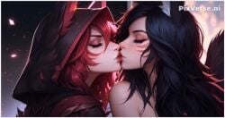 2girls ahri ai_generated flirting girl_on_girl kissing league_of_legends lesbian_couple lesbian_kiss lovers vastaya xayah yuri